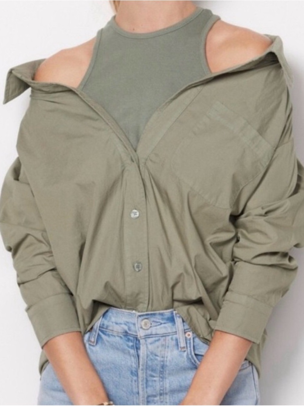 Monrow Evereve Poplin Rib Tank
Shirt Laurel Green XS Cotton Cold Shoulder